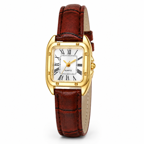 Montre Femme - Or Blanc Marron Cuir