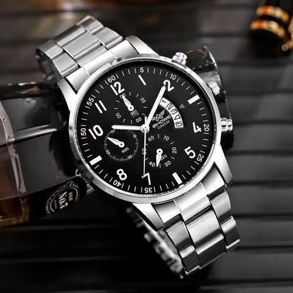 Montre Homme Argent Noir Quartz Élégante
