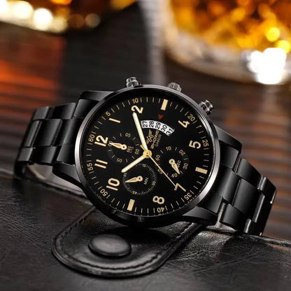 Montre Homme Luxe Noir Or Quartz