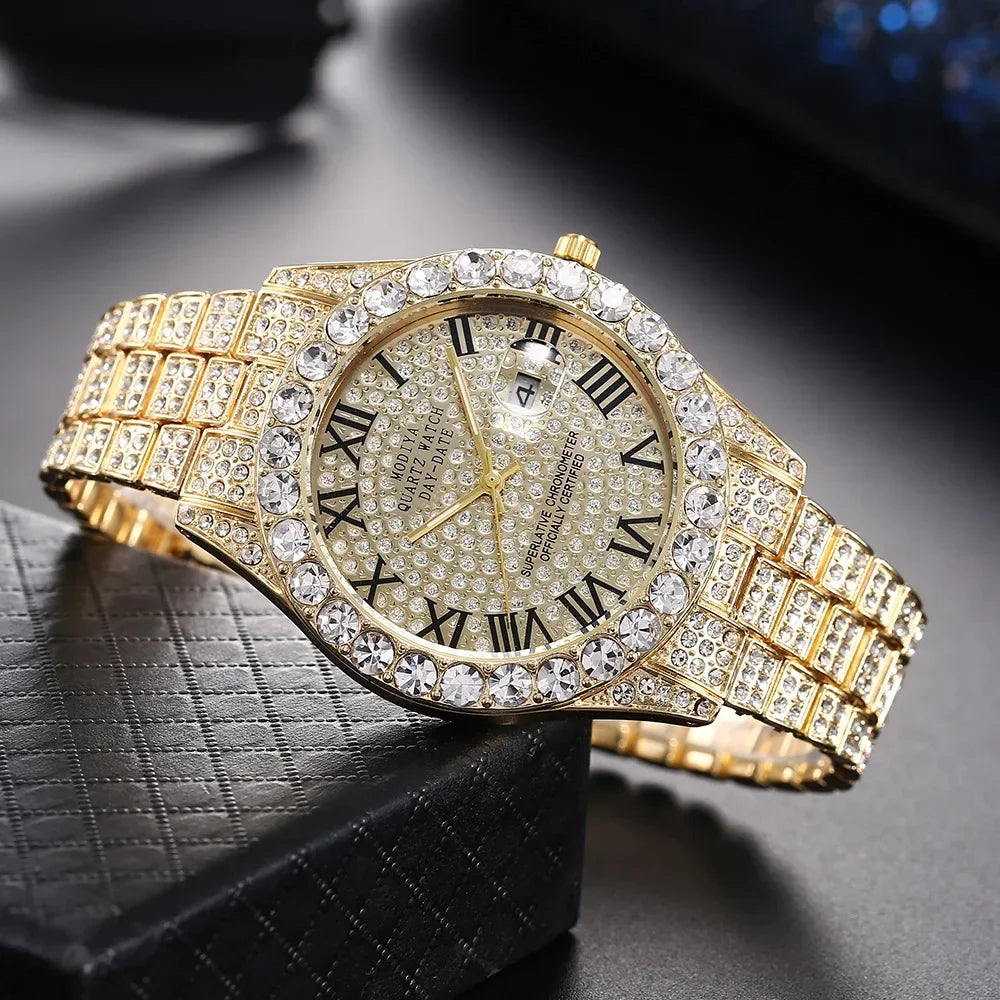 Montre Homme Luxe Or Strass Calendrier