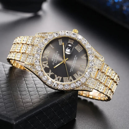 Montre Homme Luxe Or Strass Calendrier