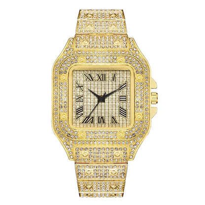 Montre Homme Carrée Luxe Dorée Strass Acier Inoxydable