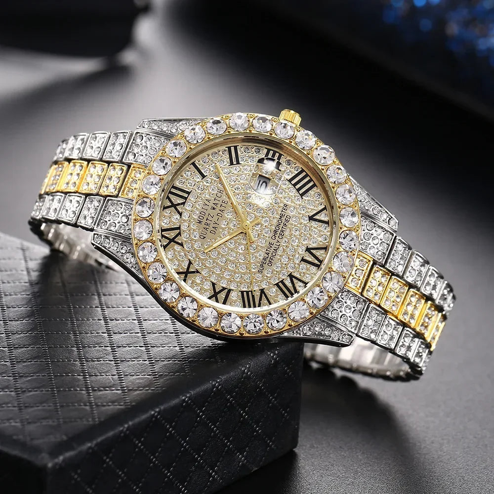 Montre Homme Luxe Or Strass Calendrier