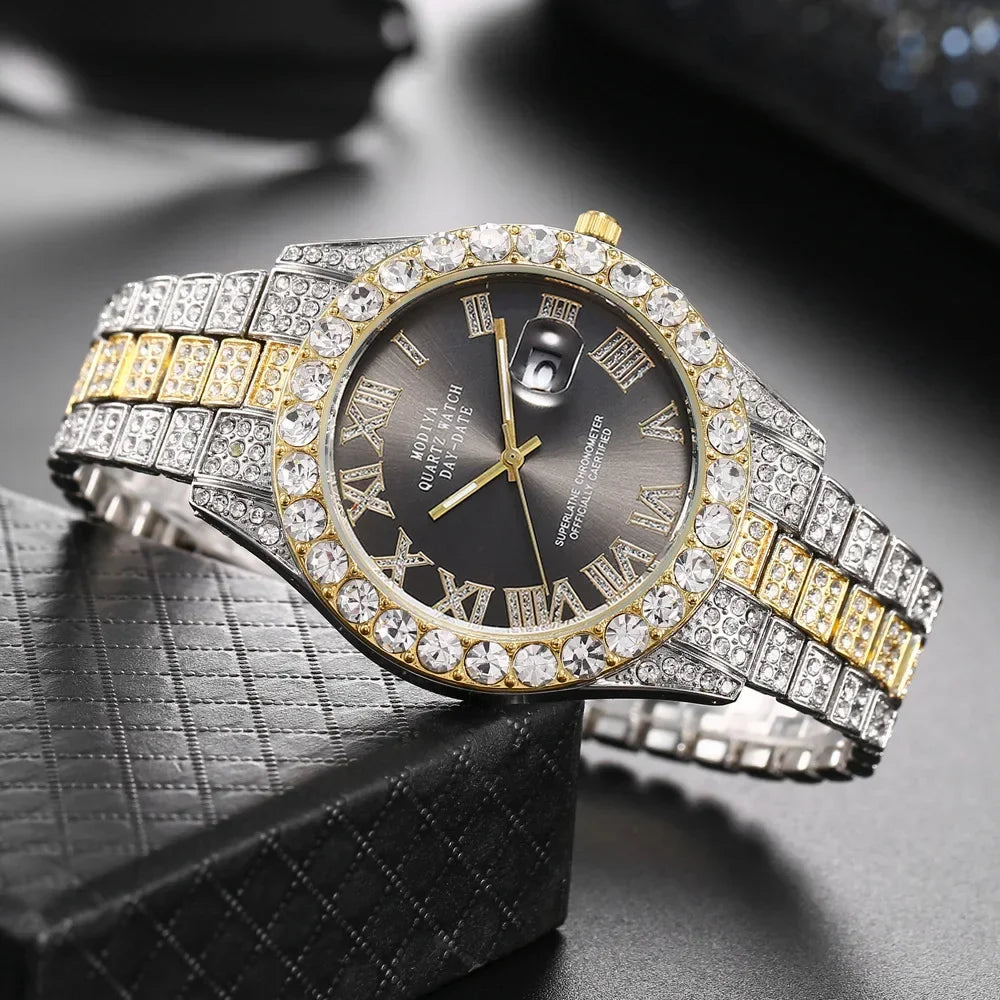 Montre Homme Luxe Or Strass Calendrier