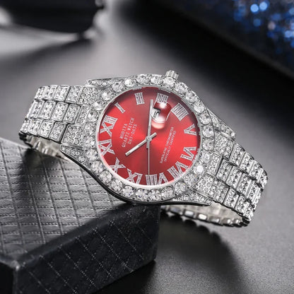 Montre Homme Luxe Or Strass Calendrier