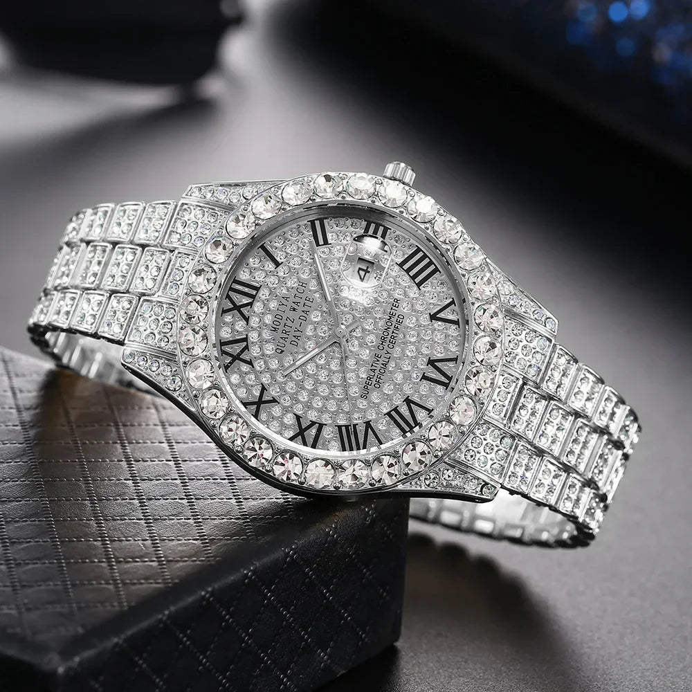 Montre Homme Luxe Or Strass Calendrier