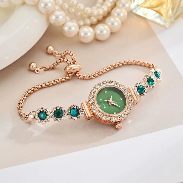 Montre Bracelet Femme Fleur Éclatante Strass Vert