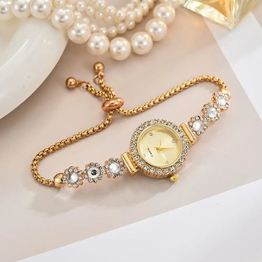 Montre Femme Bracelet Doré Strass & Diamants Florale