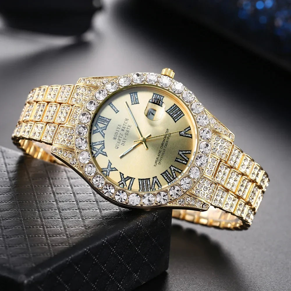 Montre Homme Luxe Or Strass Calendrier