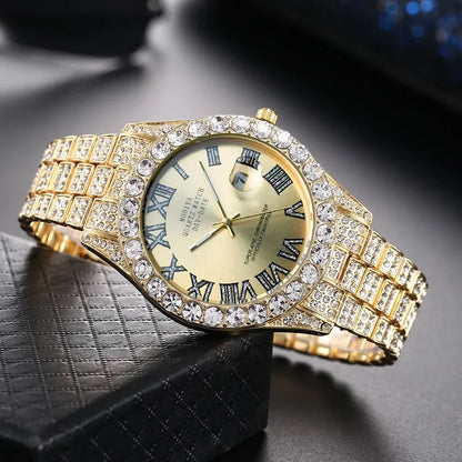 Montre Homme Luxe Or Strass Calendrier