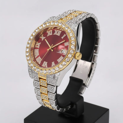Montre Hip Hop Rouge Strass Acier Rétro