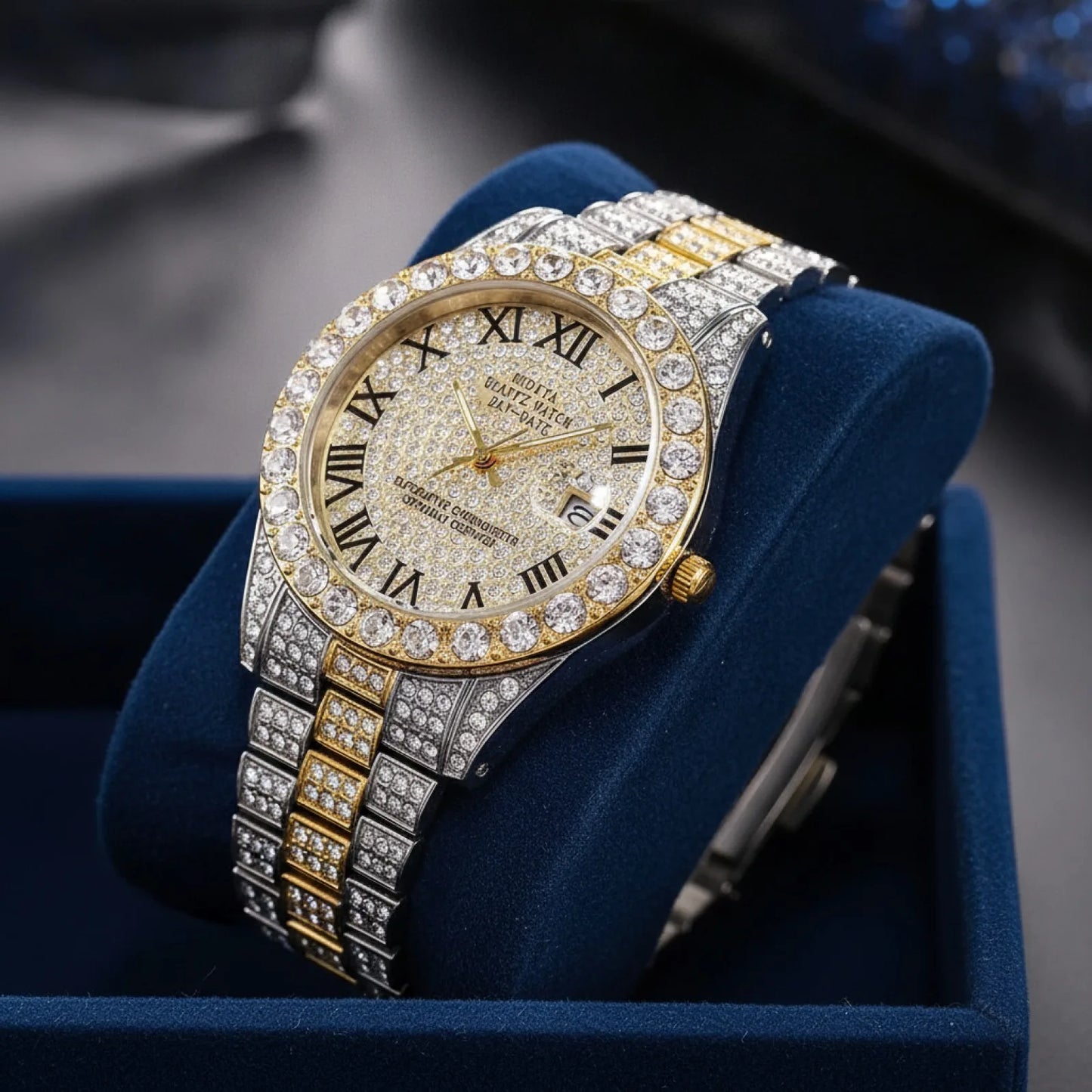 Montre Homme Luxe Or Strass Calendrier