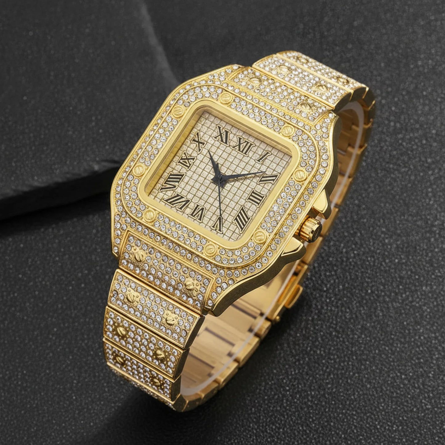 Montre Homme Carrée Luxe Dorée Strass Acier Inoxydable