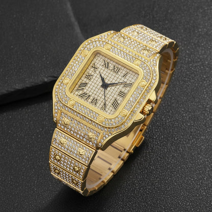 Montre Homme Carrée Luxe Dorée Strass Acier Inoxydable