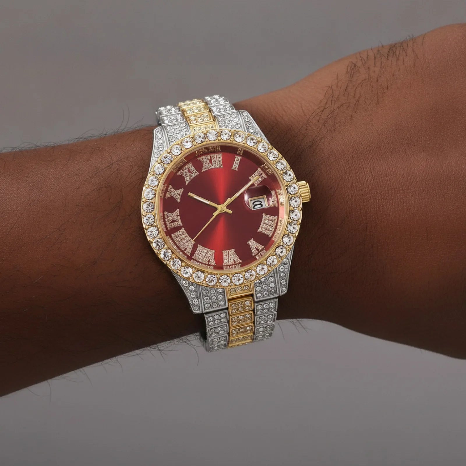 Montre Hip Hop Rouge Strass Acier Rétro