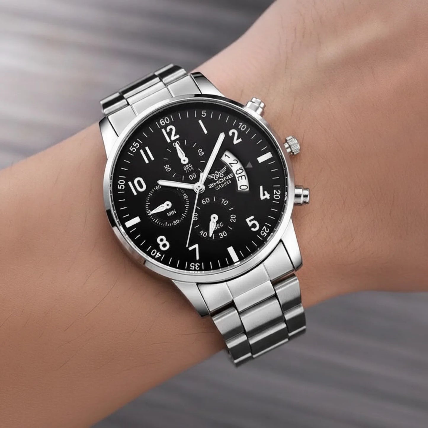 Montre Homme Argent Noir Quartz Élégante