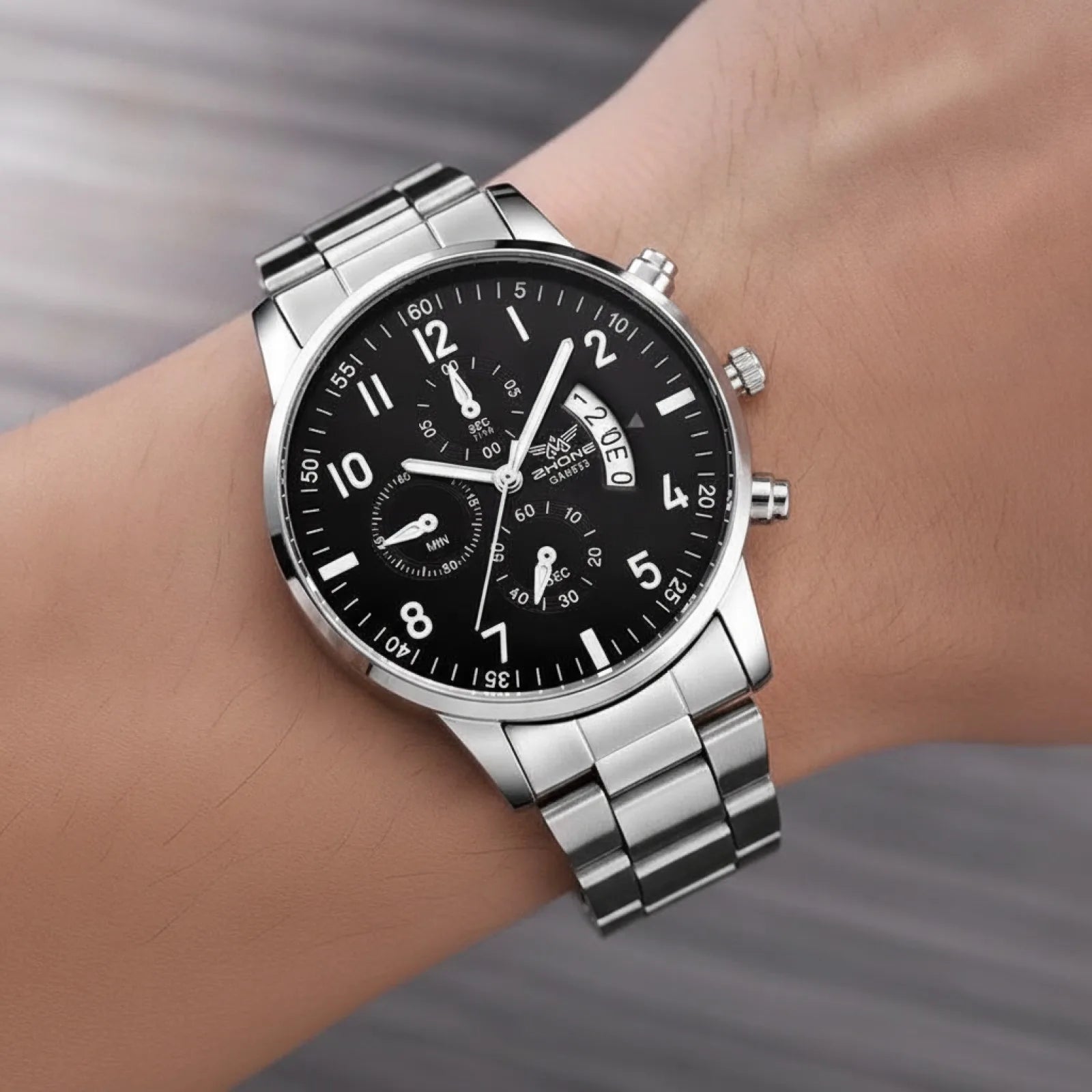 Montre Homme Argent Noir Quartz Élégante