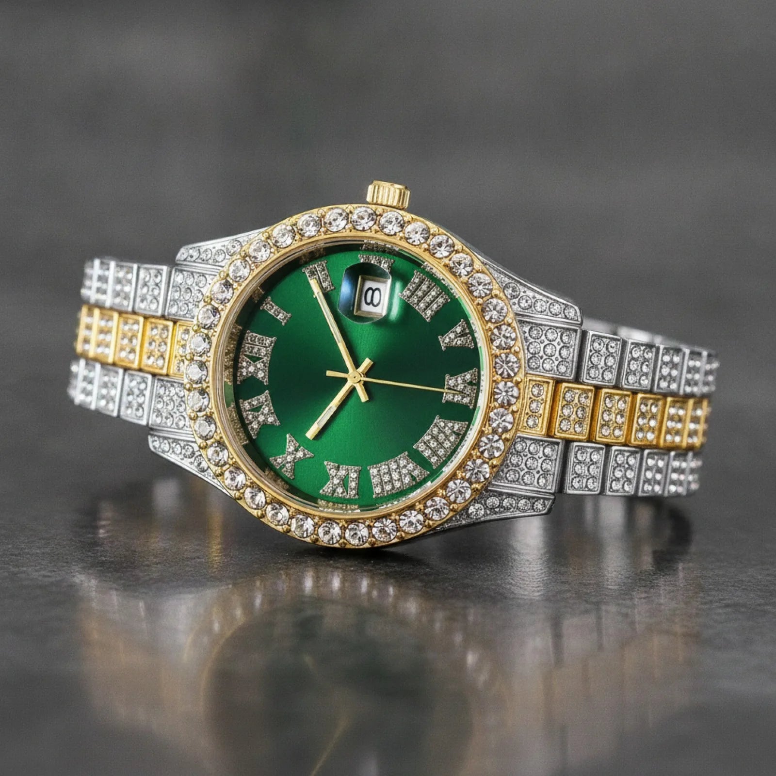 Montre Homme Hip Hop Strass Vert Vintage