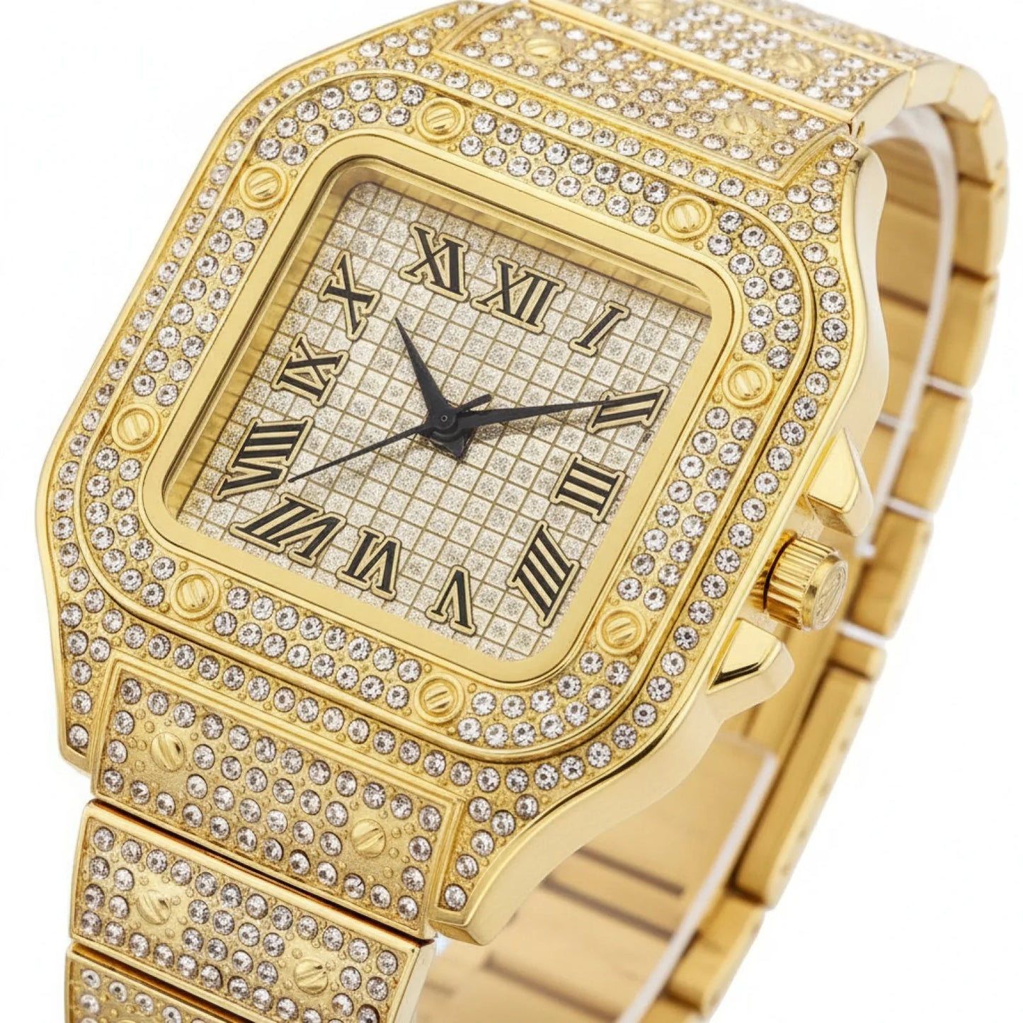 Montre Homme Carrée Luxe Dorée Strass Acier Inoxydable