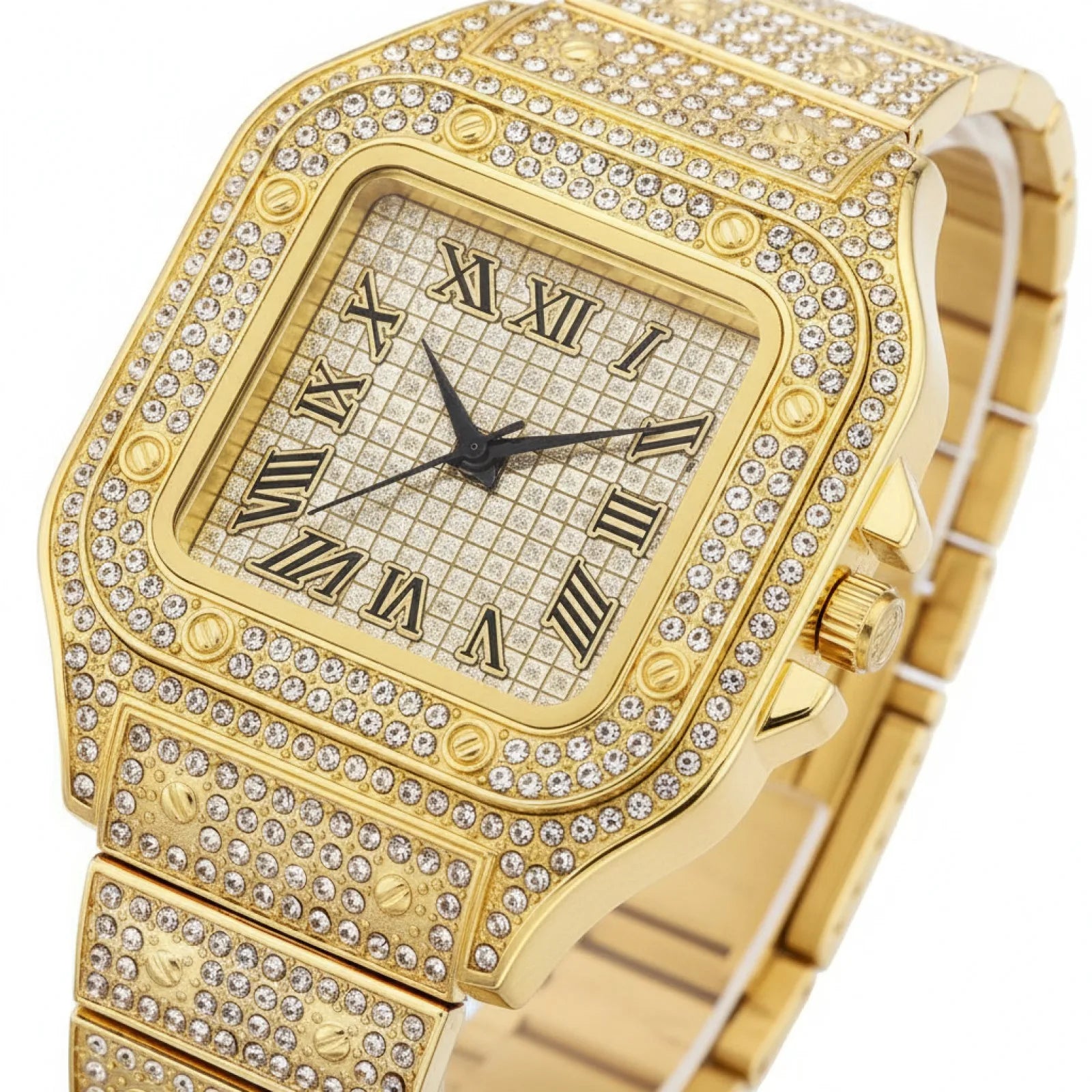 Montre Homme Carrée Luxe Dorée Strass Acier Inoxydable