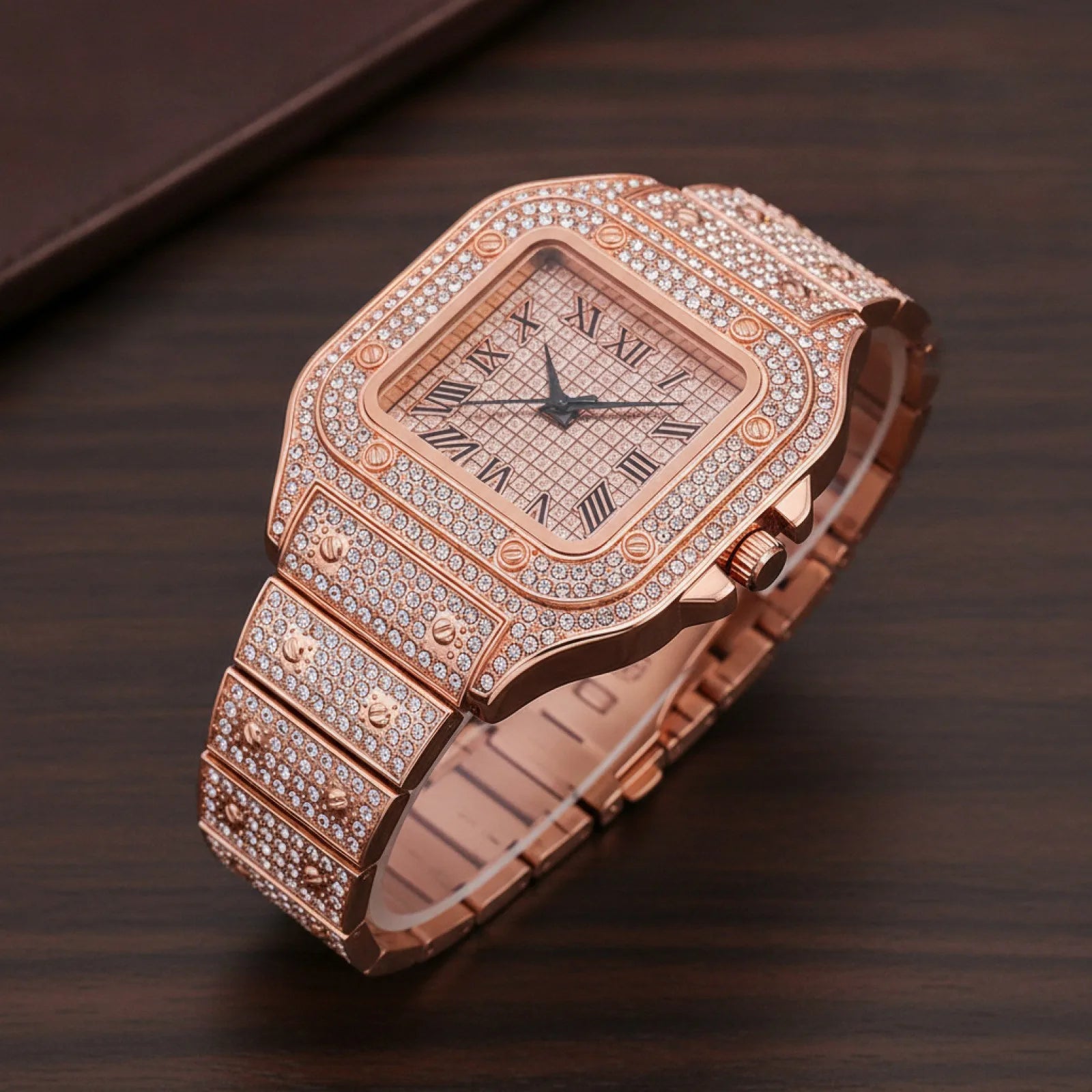 Montre Homme Acier Rose Gold Carrée Échelle Romaine