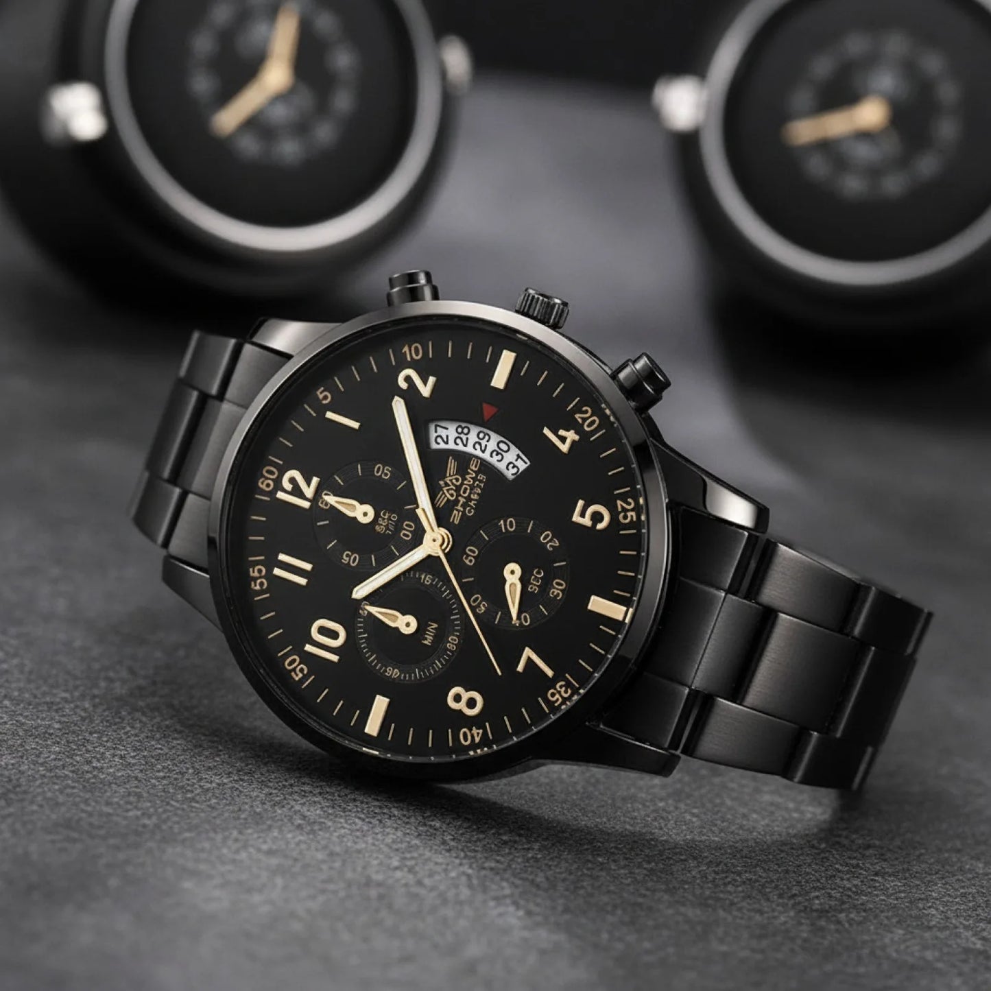 Montre Homme Luxe Noir Or Quartz