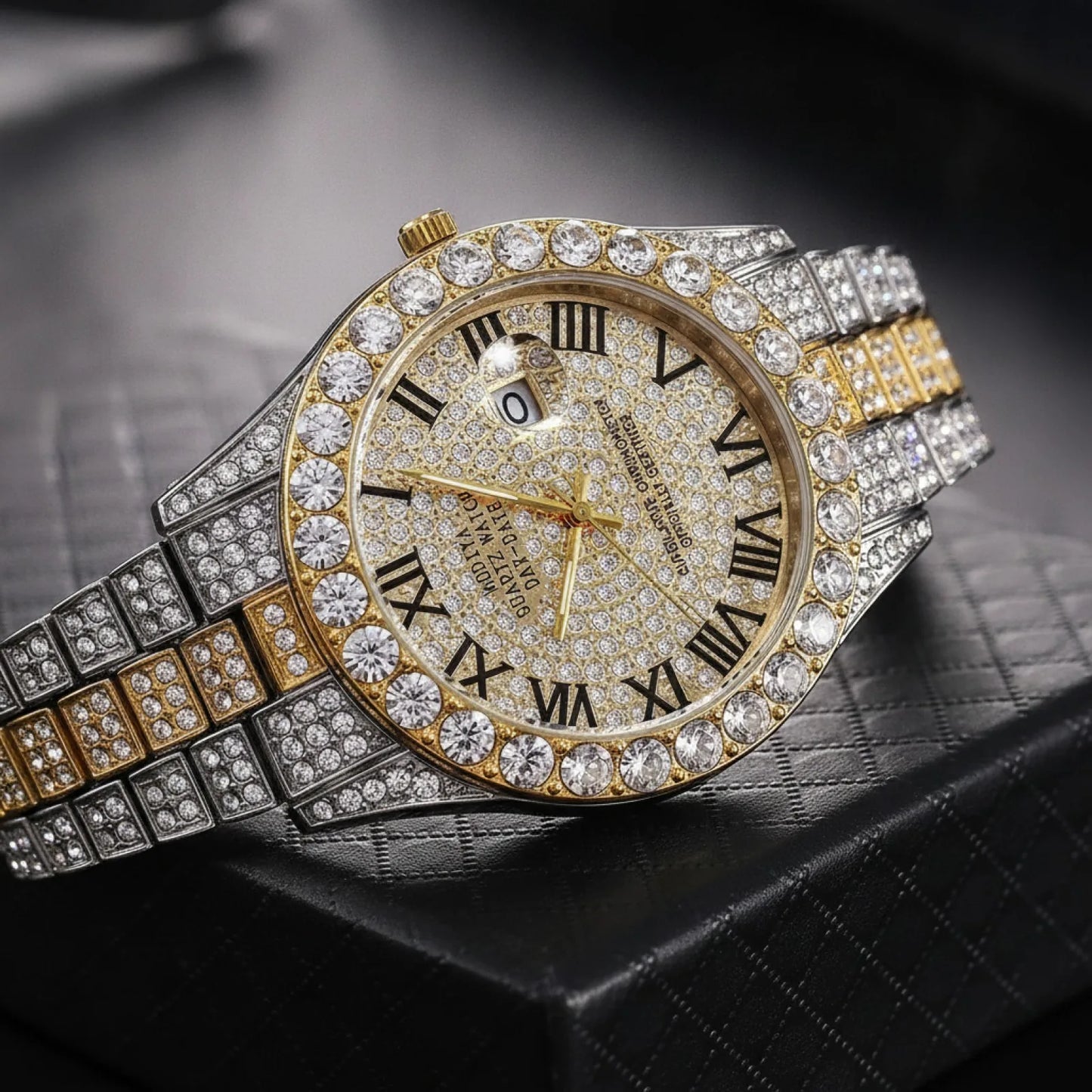 Montre Homme Luxe Or Strass Calendrier