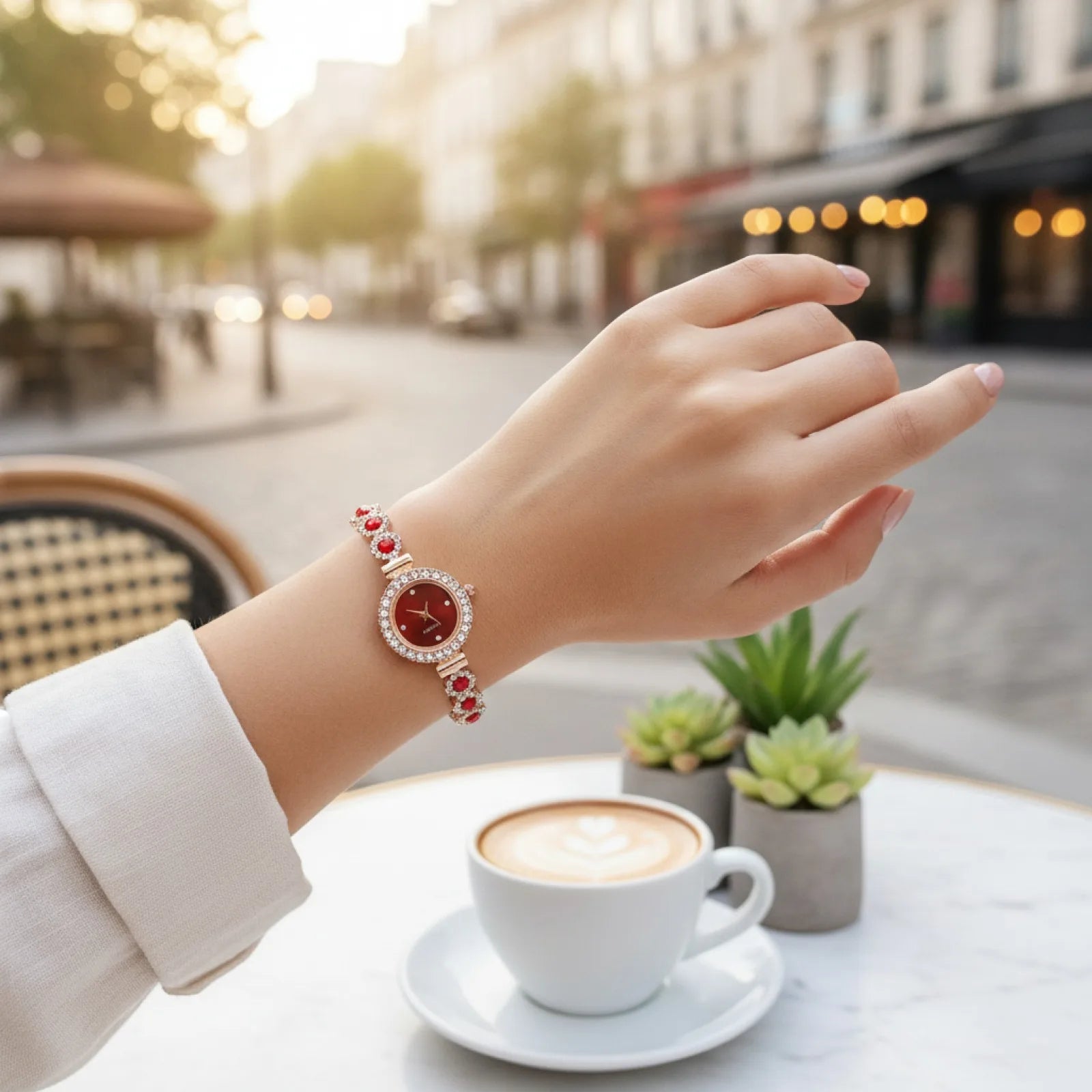 Montre Bracelet Rouge Fleurs & Strass