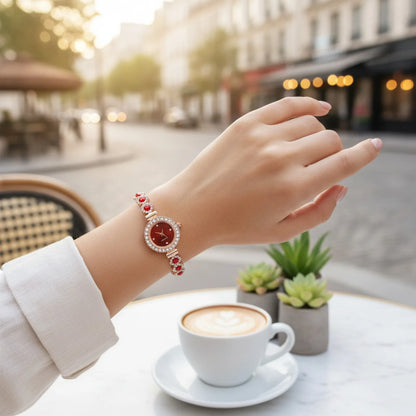 Montre Bracelet Rouge Fleurs & Strass