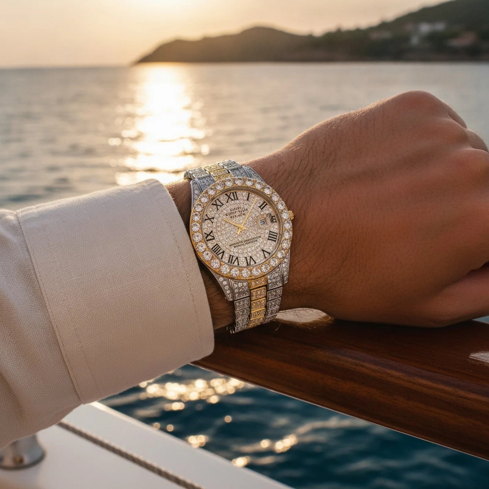 Montre Homme Luxe Or Strass Calendrier