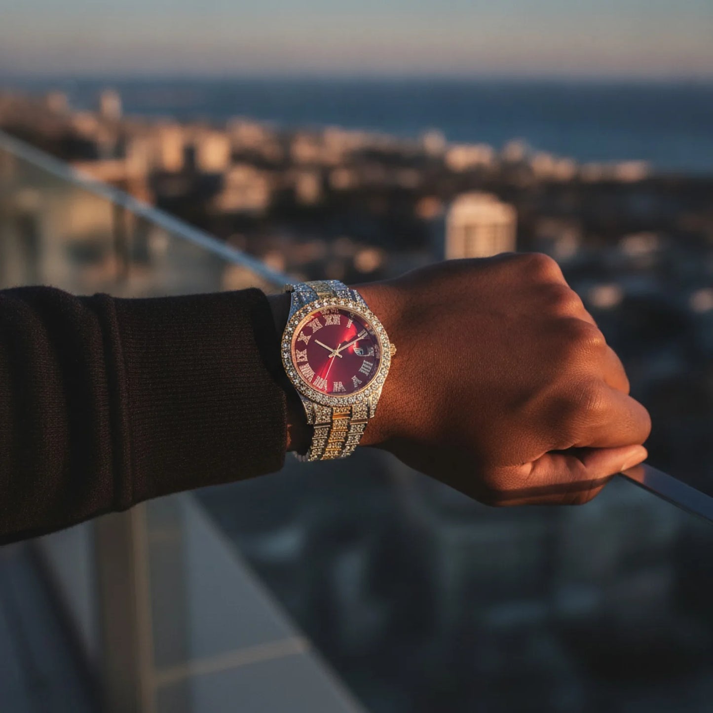 Montre Hip Hop Rouge Strass Acier Rétro