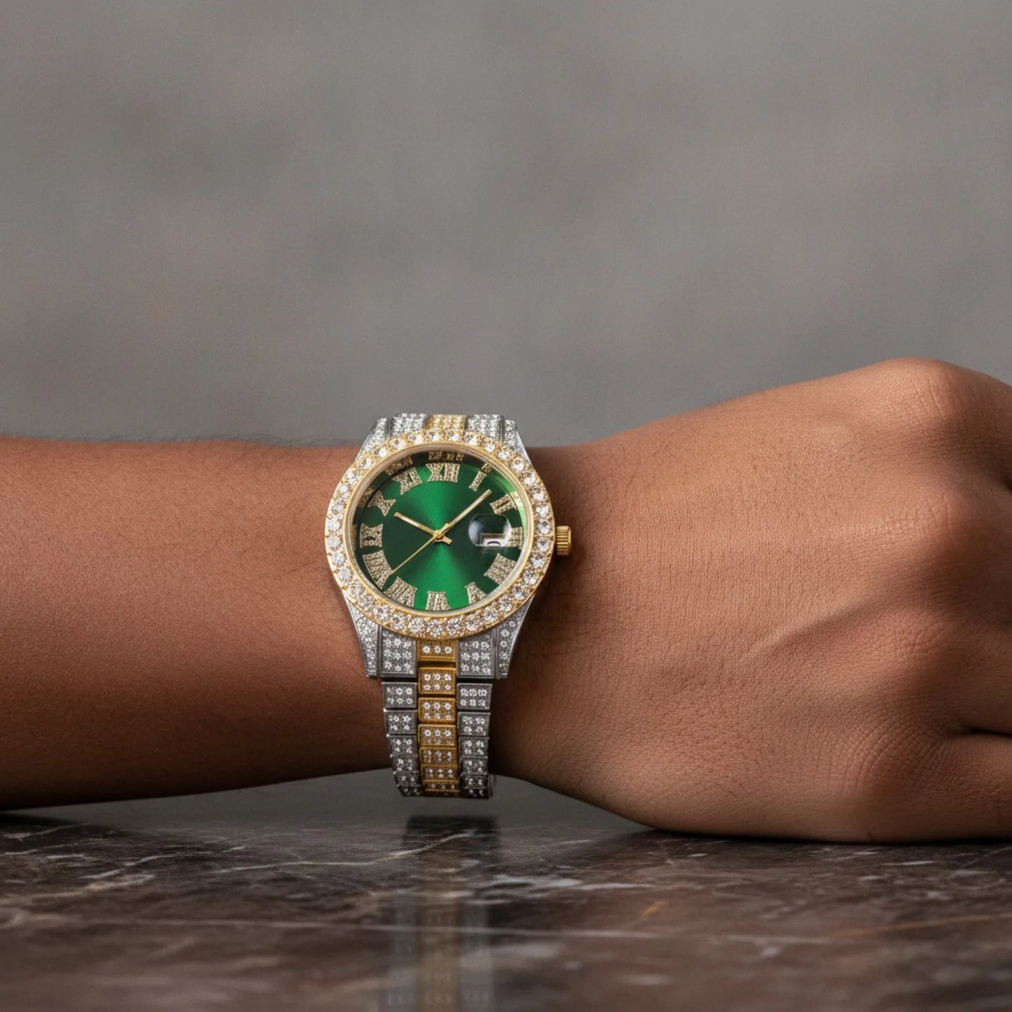 Montre Homme Hip Hop Strass Vert Vintage
