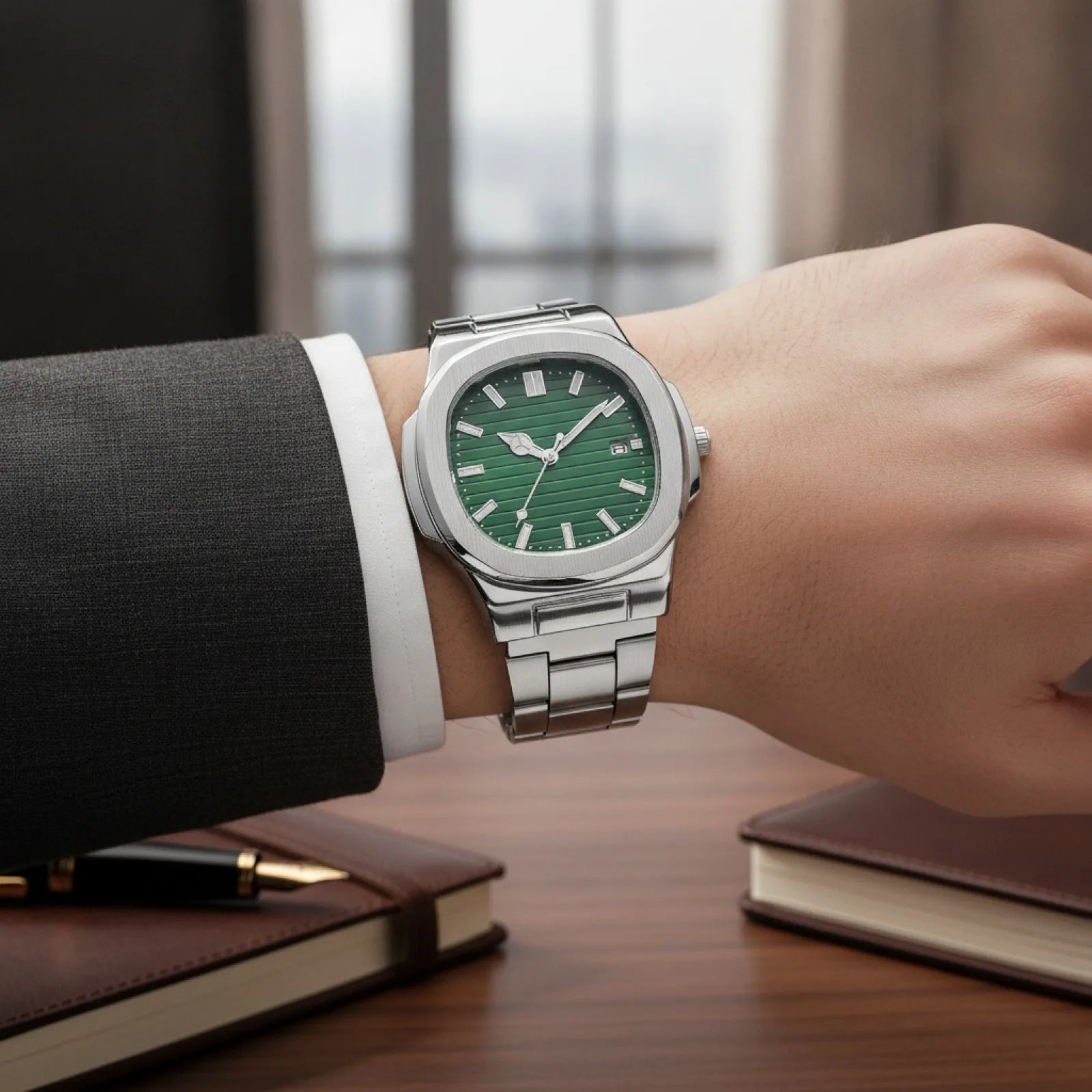 Montre Carrée Luxe Homme Acier Quartz Calendrier