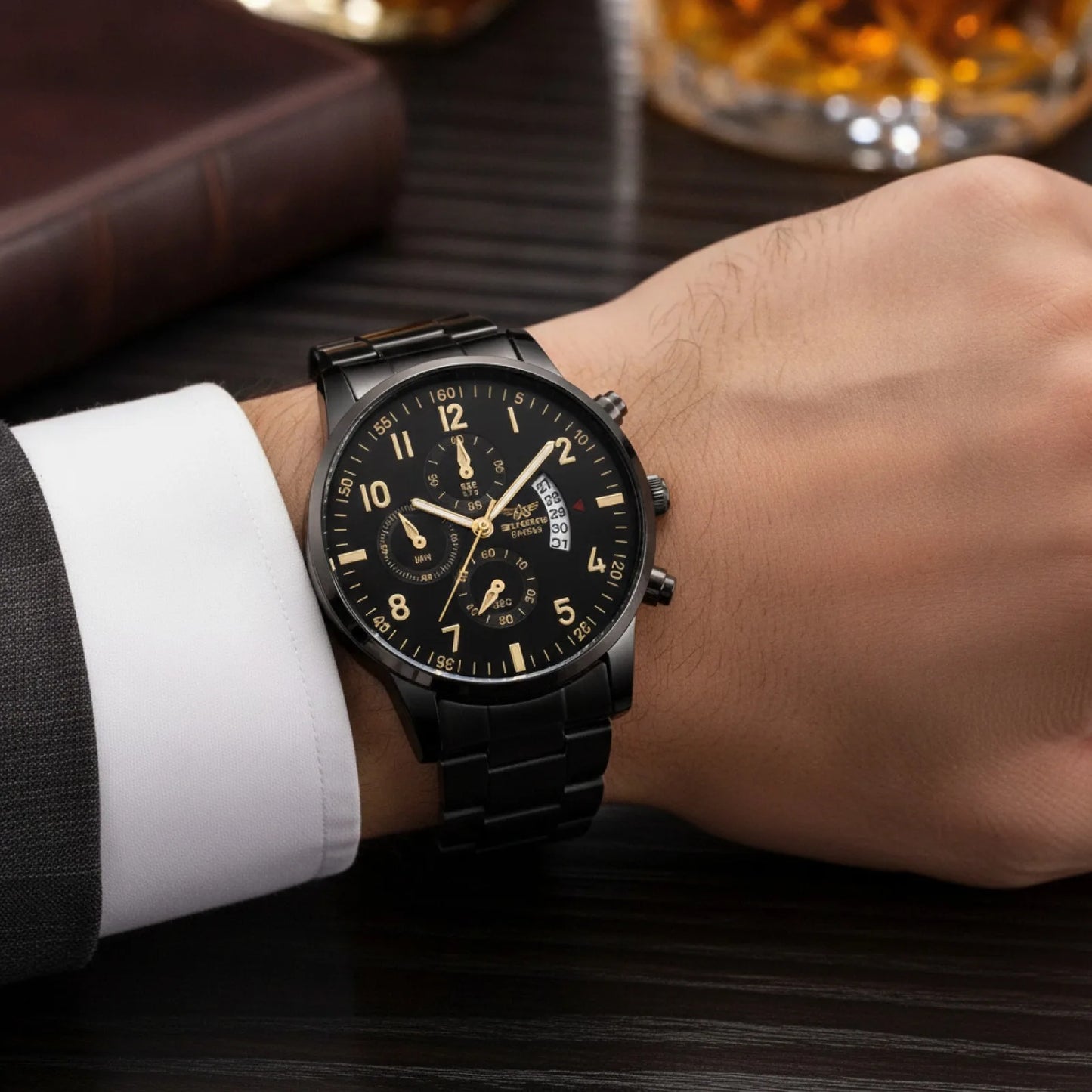 Montre Homme Luxe Noir Or Quartz