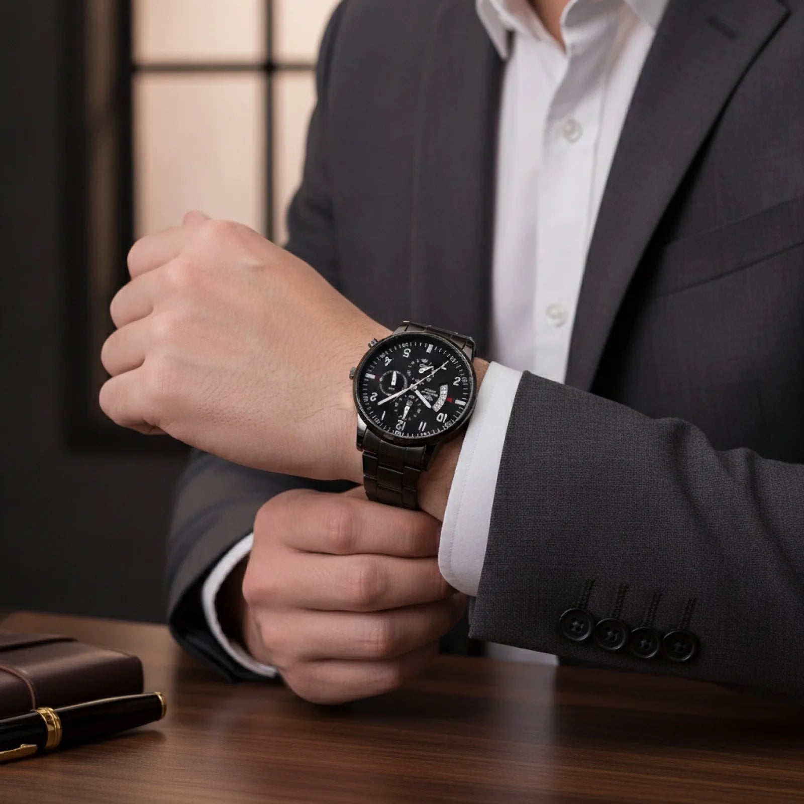 Montre Homme Luxe Quartz Black Silver
