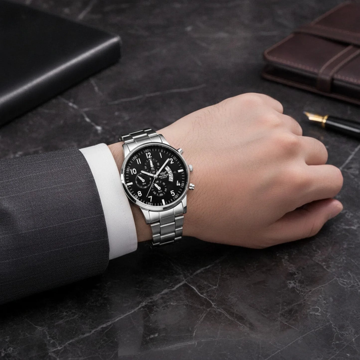 Montre Homme Argent Noir Quartz Élégante