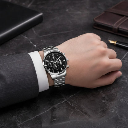Montre Homme Argent Noir Quartz Élégante