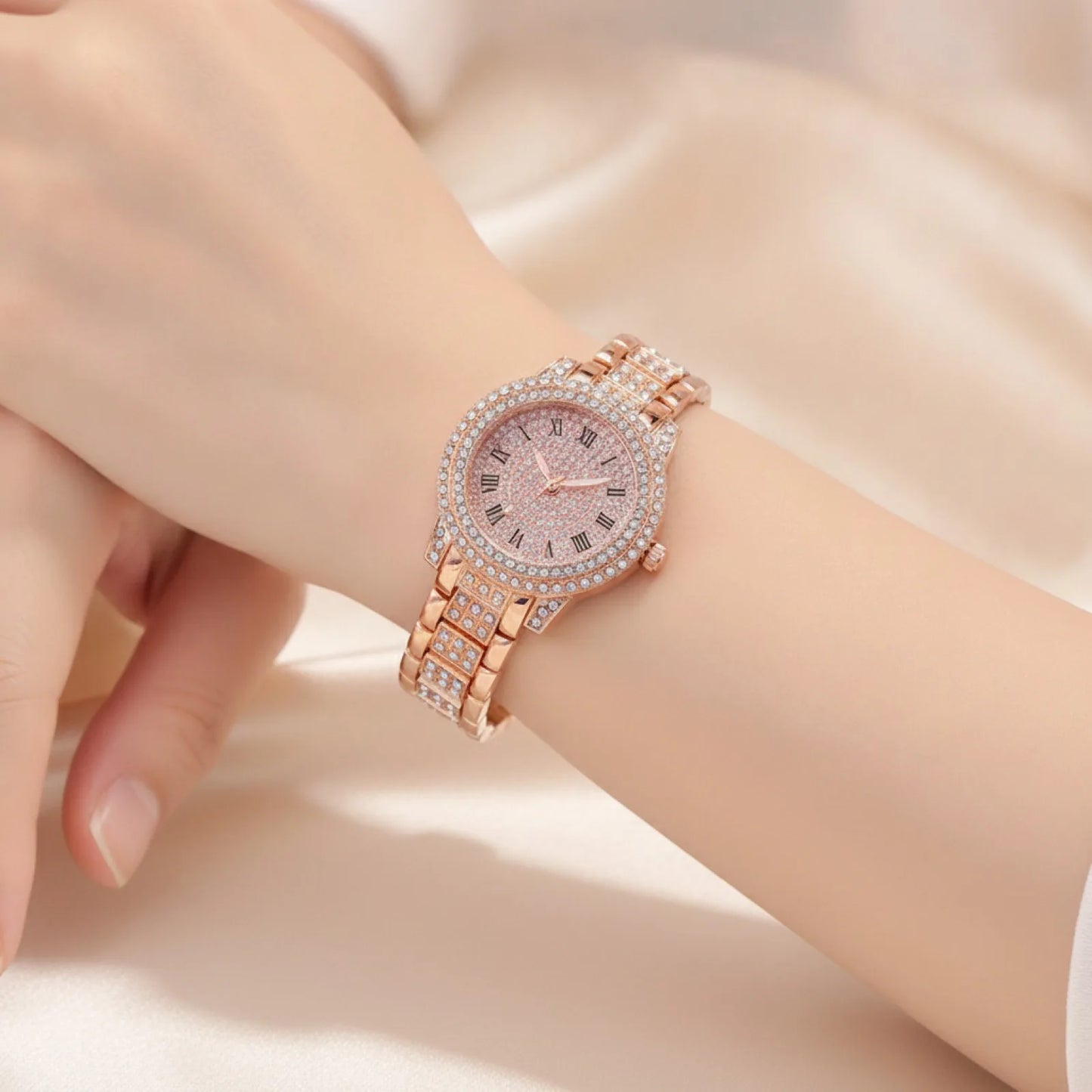 Montre Luxe Rose Cristal Zircon Femme